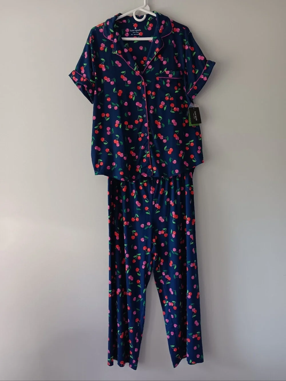 Kate Spade Short Sleeve Pajama Pant Set 2 Pc Red Pink Cherries Indigo Blue XL